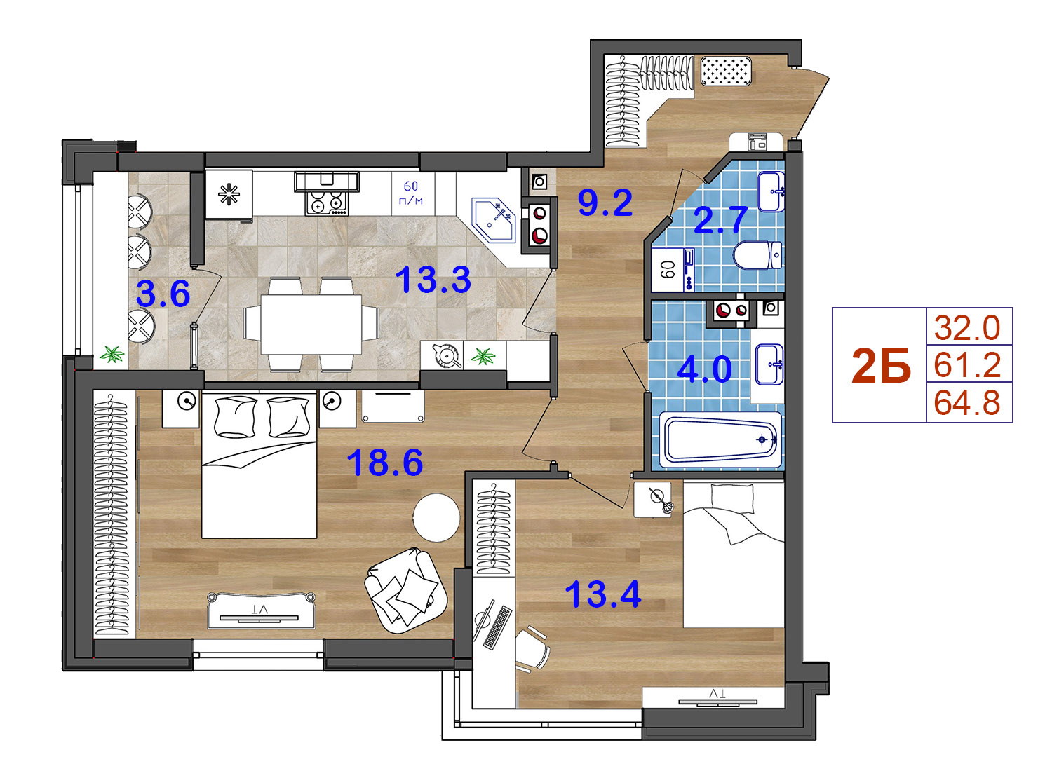 2-комнатная квартира с лоджией, квартира с лоджией в новострое, Квартира с лоджией 65 м2 на котовского, купить просторную двухкомнатную квартиру в новострое на котовского